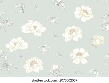 Peonies flowers. Seamless pattern, background. Colored vector illustration. In botanical style In soft orange and green colors.
