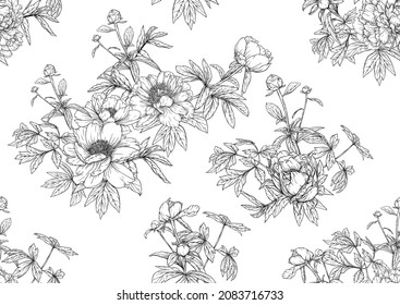 Peonies flowers. Seamless pattern, background. Outline hand drawing vector illustration. In botanical style