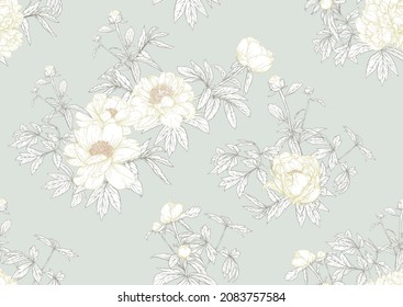 Peonies flowers. Seamless pattern, background. Colored vector illustration. In botanical style In soft orange and green colors.