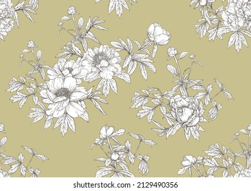 Peonies flowers. Seamless pattern, background. Colored vector illustration. In botanical style 