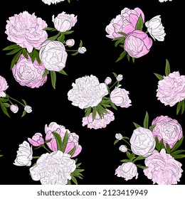 peonies flowers seamless pattern. Delicate floral background