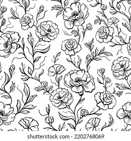 Peonies flowers seamless pattern hand drawn. Vector illustration.