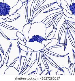 Peonies flowers seamless pattern. Vintage hand drawn botanical illustration.