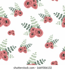 Flores de peones con brotes de eucalipto, ramos sobre fondo blanco, textura vectorial sin fisuras. Para imprimir en textiles, invitaciones a bodas, paquetes, envolturas y papel de vacaciones, papel tapiz.