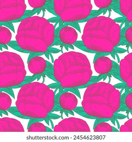 Peonies. Flowers. Vector floral illustrations of buds, leaves - seamless pattern. Drawing in flat style. Vector illustration. 