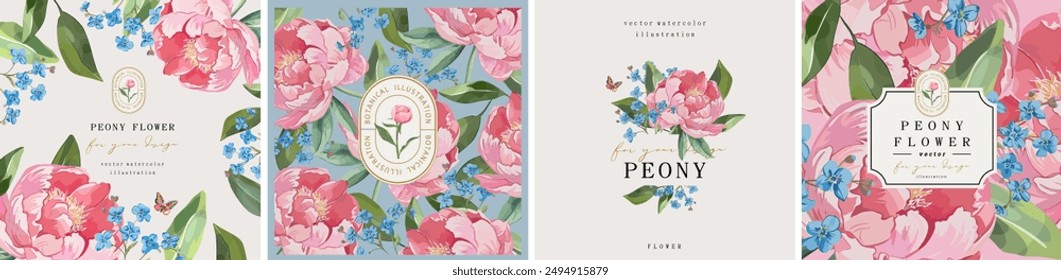 Peonies. Flowers. Vector floral illustrations of buds, leaves, frame, border, pattern, pink peony for wedding invitation, greeting card, background or poster	
