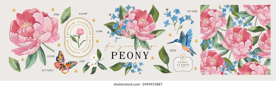 Peonies. Flowers. Vector floral illustrations of buds, leaves, frame, border, pattern, pink peony, bird, logo for wedding invitation, greeting card or background 