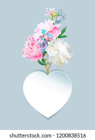 Peonies, forget-me-nots and a heart. Scenic image of a flower bouquet in vector.