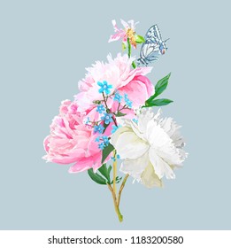 Peonies, forget-me-nots. Scenic image of flowers in vector.