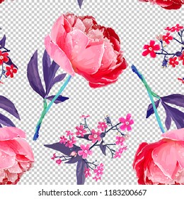 Peonies and forget-me-nots. Seamless background