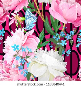 Peonies and forget-me-nots. Seamless background