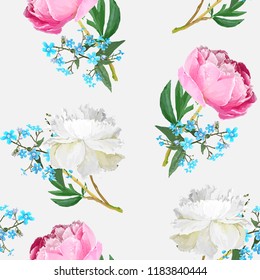 Peonies and forget-me-nots. Seamless background