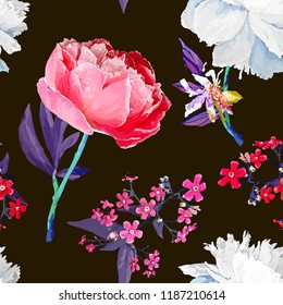 Peonies and forget-me-nots. Seamless background