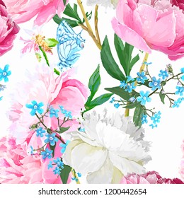 Peonies and forget-me-nots. Seamless background