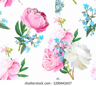 Peonies and forget-me-nots. Seamless background