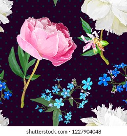 Peonies and forget-me-nots. Seamless background.