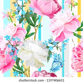 Peonies and forget-me-nots. Seamless background. Artistic drawing in vector, not autotrace.