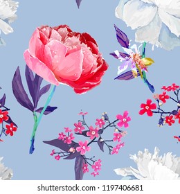 Peonies and forget-me-nots. Seamless background. Artistic drawing in vector, not autotrace.