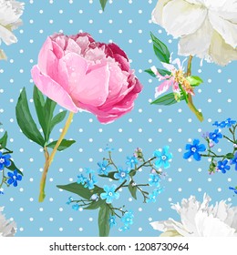 Peonies and forget-me-nots. Seamless background. Artistic drawing in vector, not autotrace.