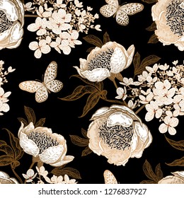 Peonies, hydrangea and butterfly. Floral vintage seamless pattern. Gold and white flowers, leaves, branches on black background. Oriental style. Vector illustration art. Template of textiles, paper.