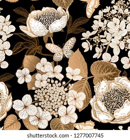 Peonies, hydrangea and butterfly. Floral vintage seamless pattern. Gold and white flowers, leaves, branches on black background. Oriental style. Vector illustration art. Template of textiles, paper.