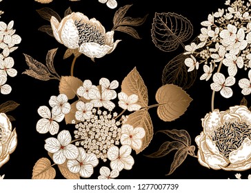 Peonies and hydrangea. Floral vintage seamless pattern. Gold and white bouquets of flowers, leaves, branches on black background. Oriental style. Vector illustration art. Template of textiles, paper.