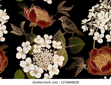 Peonies, hydrangea and little birds. Floral vintage seamless pattern. Bouquets of garden flowers, leaves, branches on black background. Print of gold foil. Oriental style. Vector illustration art. 