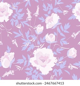Peonías y lavanda sobre un fondo rosa. Patrón sin costuras de Vector