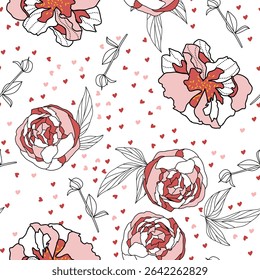 Peônias com folhas e botões com pequenos corações. Flores vermelhas sobre fundo branco. Padrão sem emenda do vetor