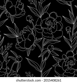 Peonies with leaves on a black background. Line art. Seamless vector pattern