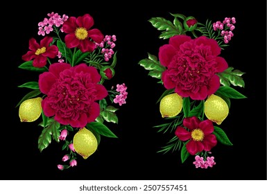 Peonies, lemons and other flowers isolated. Vector