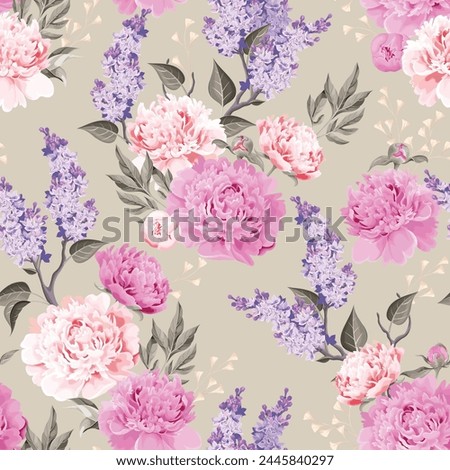Peonies and lilac seamless background