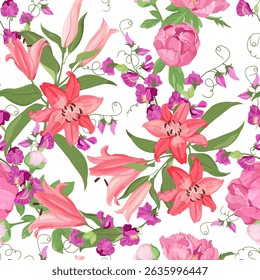 Peonies and lilies on a white background. Seamless vector illustration with delicate flowers. For decorating textiles, packaging.