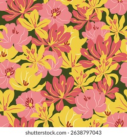 Peonies and lilies seamless pattern. Blooming flowers and leaves. Colourful vintage vector illustration. For textile, paper, design.