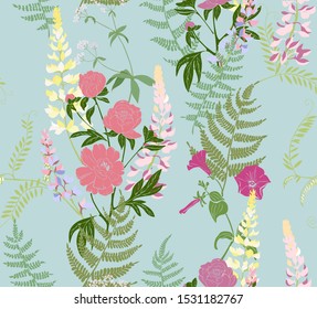 Peonies, lupines and fern seamless ornament. Floral pattern vector for fabric, Wallpaper.