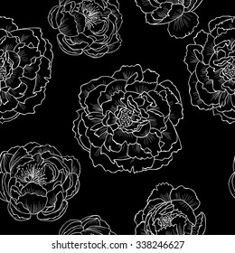 peonies on a black background vector seamless pattern