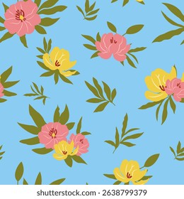 Peonies on blue background seamless pattern. Blooming flowers and leaves. Colourful vintage vector illustration. For textile, paper, design.