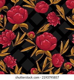  Peonies on a dark background with rhomb seamless pattern. Ideal for printing on fabric and paper. Vector illustration. 