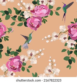 Peonies, orchids and hummingbirds on a beige background. Seamless vector illustration. For decorating textiles, packaging, wallpaper.