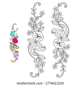 Peonies ornament, forget-me-nots, hand-drawn black line on white background, coloring for children, print for coloring book, use for coloring with watercolors, gouache, markers or pencils