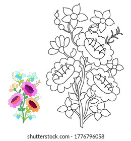 Peonies ornament, forget-me-nots, hand-drawn black line on white background, coloring for children, print for coloring book, use for coloring with watercolors, gouache, markers or pencils