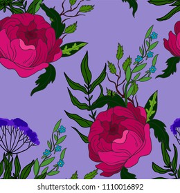 Peonies and other flowers in seamless pattern for textile design.