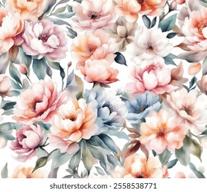 Peonies pattern, aop all over print with flowers, floral Peony, pink, peach, green, watercolor, ink