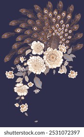 Peonies and peacock. Floral pattern. Flowers and bird. Vintage background. Vector illustration. Gold foil, black and white. Template for printing on packaging, gift cards, covers.