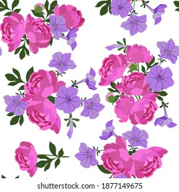 Peonies and petunia. Seamless vector illustration on a white background. For decorating textiles, packaging, wallpaper.
