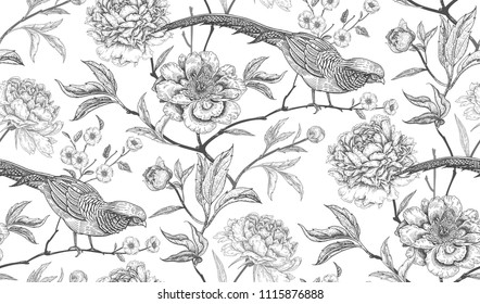 Peonies and pheasants. Floral exotic vintage seamless pattern with flowers and birds. White and black. Oriental style. Vector illustration art. For design textiles, wrapping paper, wallpaper, interior
