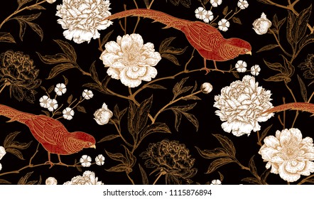 Peonies and pheasants. Floral vintage seamless pattern with flowers and birds. White, black, red and gold color. Oriental style. Vector illustration art. For design textiles, wrapping paper, wallpaper