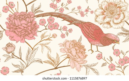 Peonies and pheasants. Floral vintage seamless pattern with flowers and birds. White, pink and gold color. Oriental style. Vector illustration art. For design textiles, wrapping paper, wallpaper.