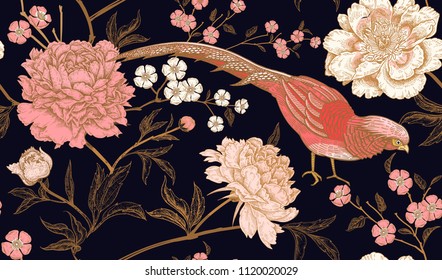 Peonies and pheasants. Floral vintage seamless pattern with flowers and birds. Black, pink and gold color. Oriental style. Vector illustration art. For design textiles, wrapping paper, wallpaper.
