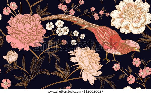 Peonies and pheasants. Floral vintage seamless pattern with flowers and birds. Black, pink and gold color. Vector illustration art. For design textiles, wrapping paper, wallpaper.